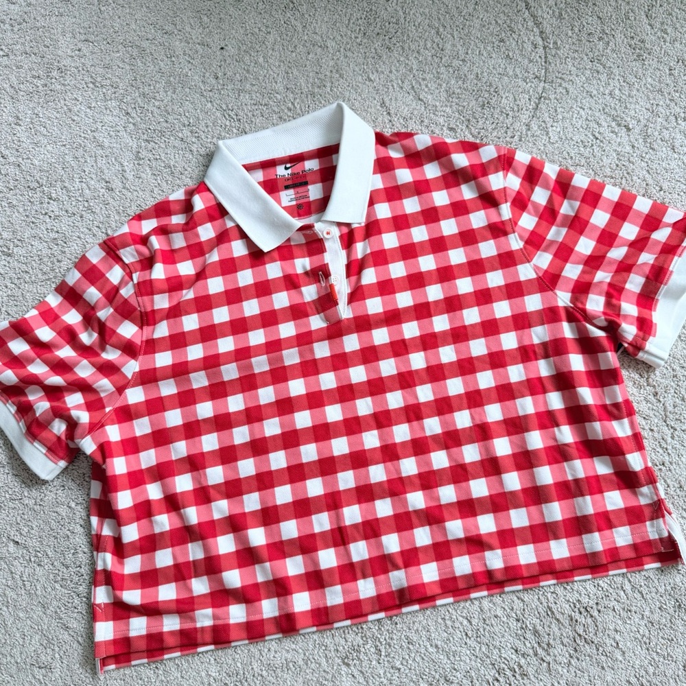 The Nike Polo Golf Dri-Fit Red White Plaid Loose Fit Cropped Polo Shirt Top L - Picture 6 of 14